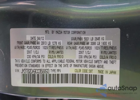 2012 Mazda Cx-9 Grand Touring z USA, uszkodzony, nr VIN JM3TB2DA9C0358893